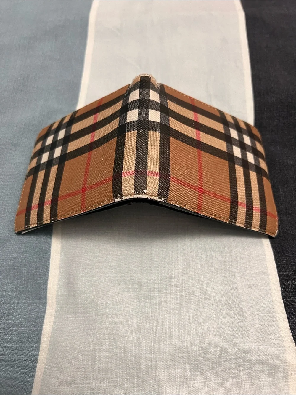 Burberry Check Compact Bi-Fold Wallet in Tan, Black and Red